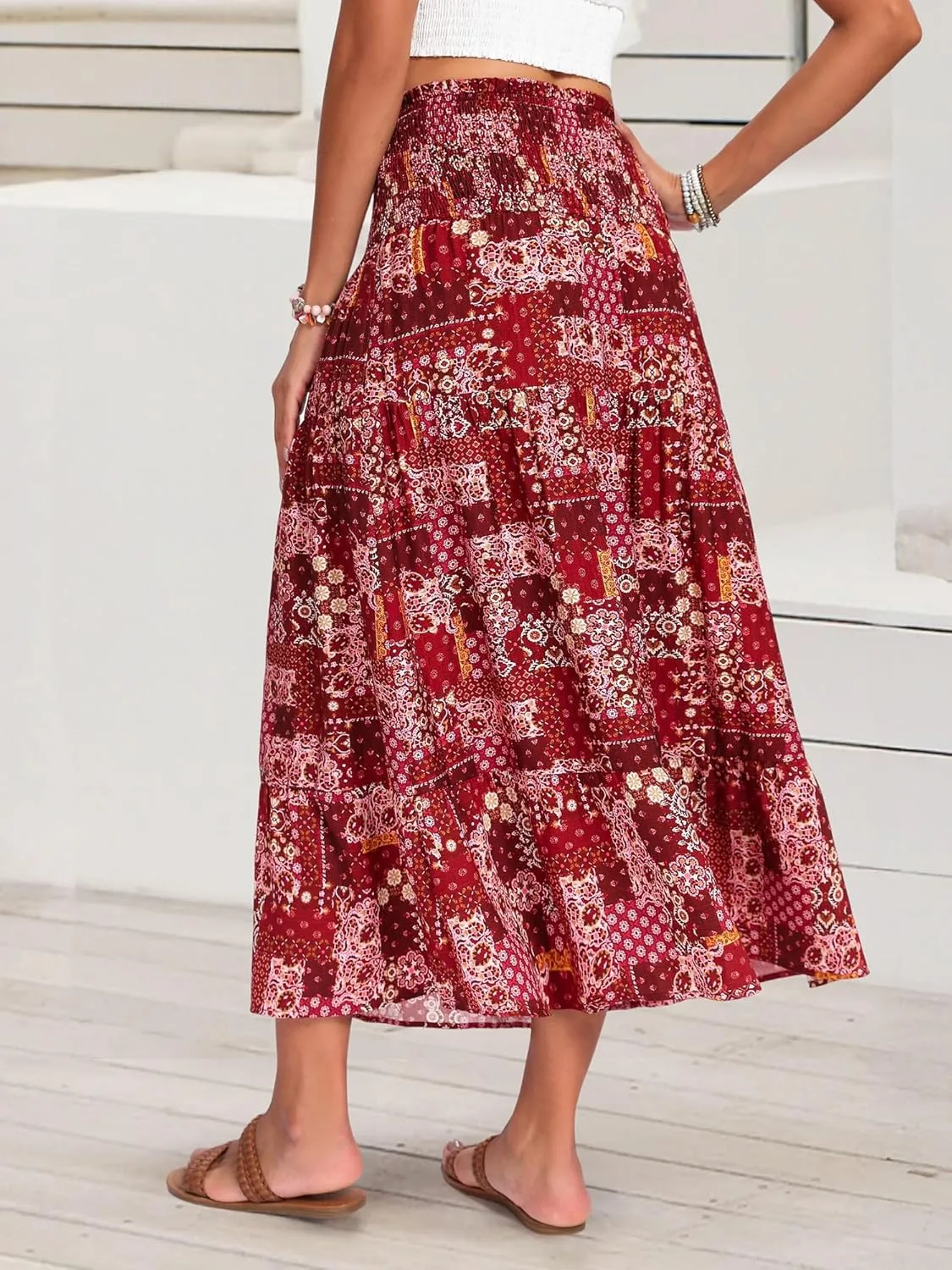 ZABERRY Womens Boho Floral Summer Maxi Skirt 2025 Elastic High Waist Pleated A Line Ruffle Flowy Long Skirts