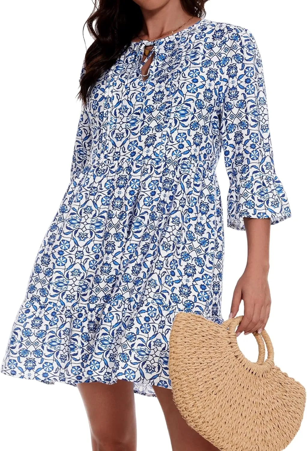 ZABERRY Womens Summer Dress 2025 Boho Drawstring 3/4 Sleeves V Neck Casual Floral Sundress Spring Mini Dress