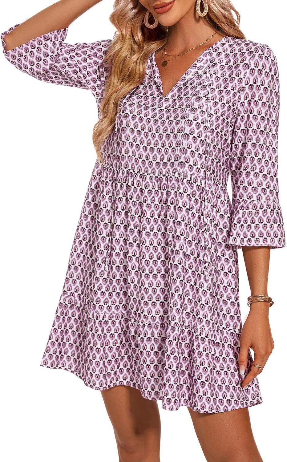 ZABERRY Womens Summer Dress 2025 Boho Drawstring 3/4 Sleeves V Neck Casual Floral Sundress Spring Mini Dress