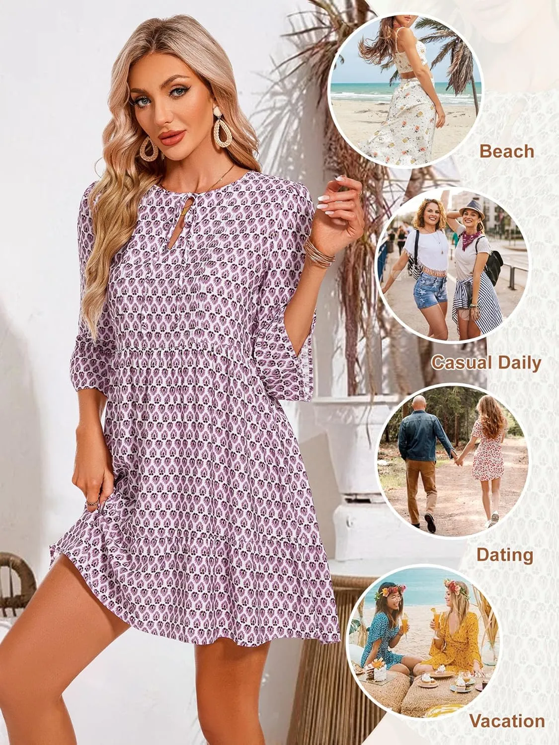 ZABERRY Womens Summer Dress 2025 Boho Drawstring 3/4 Sleeves V Neck Casual Floral Sundress Spring Mini Dress