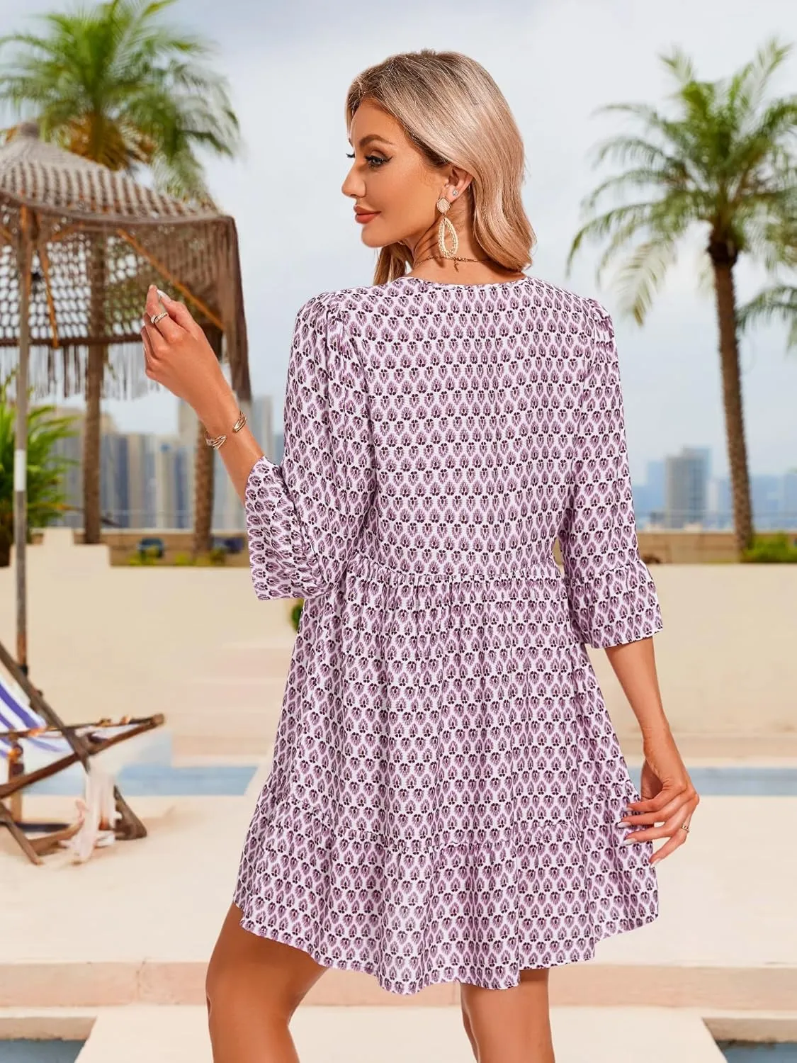ZABERRY Womens Summer Dress 2025 Boho Drawstring 3/4 Sleeves V Neck Casual Floral Sundress Spring Mini Dress