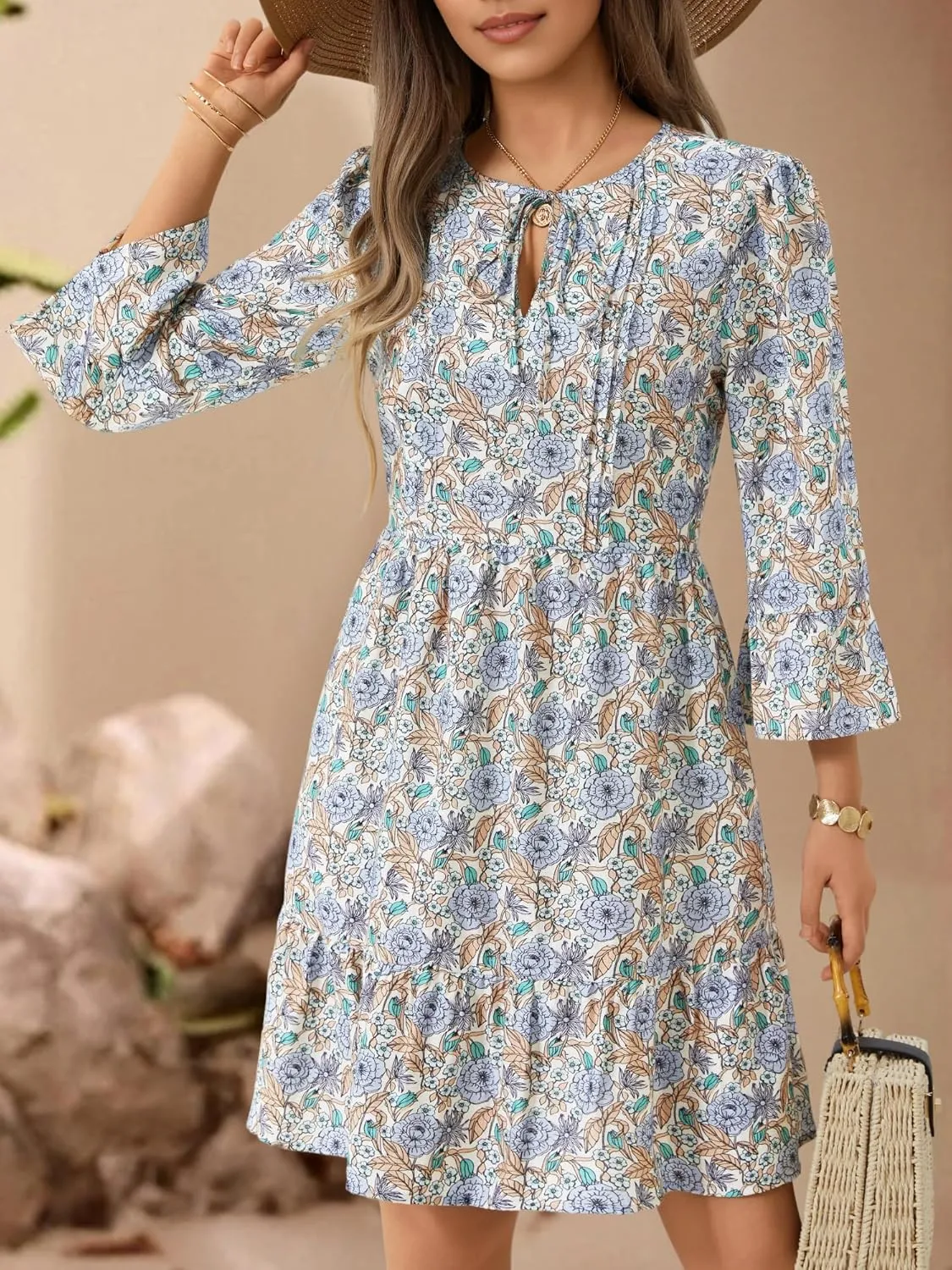 ZABERRY Womens Summer Dress 2025 Boho Drawstring 3/4 Sleeves V Neck Casual Floral Sundress Spring Mini Dress