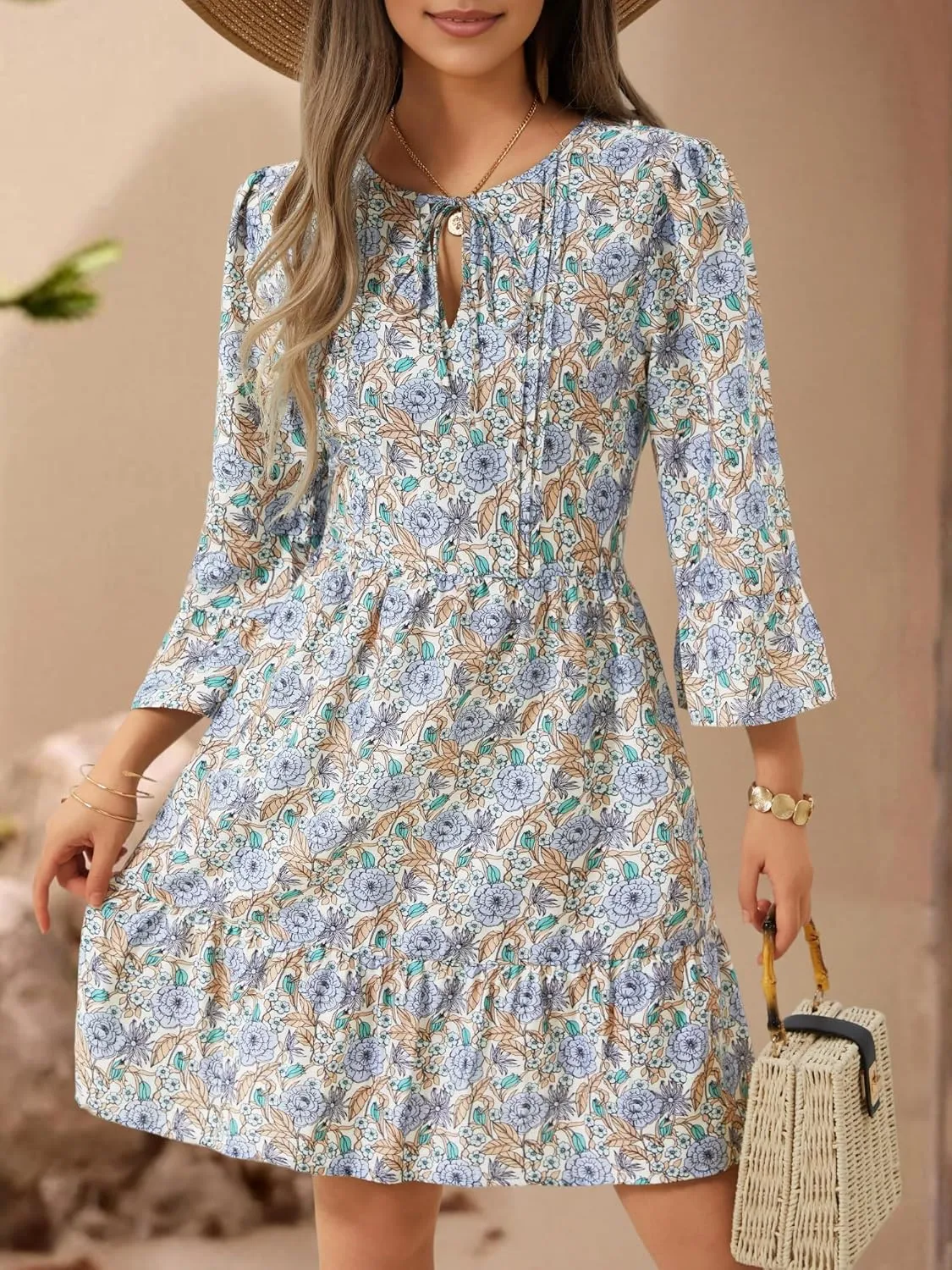 ZABERRY Womens Summer Dress 2025 Boho Drawstring 3/4 Sleeves V Neck Casual Floral Sundress Spring Mini Dress