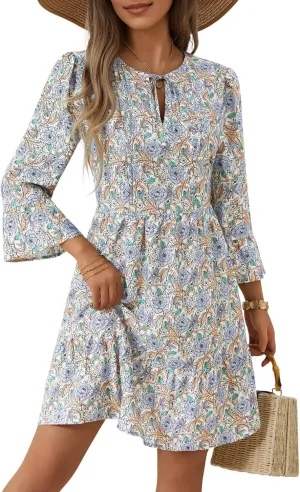 ZABERRY Womens Summer Dress 2025 Boho Drawstring 3/4 Sleeves V Neck Casual Floral Sundress Spring Mini Dress