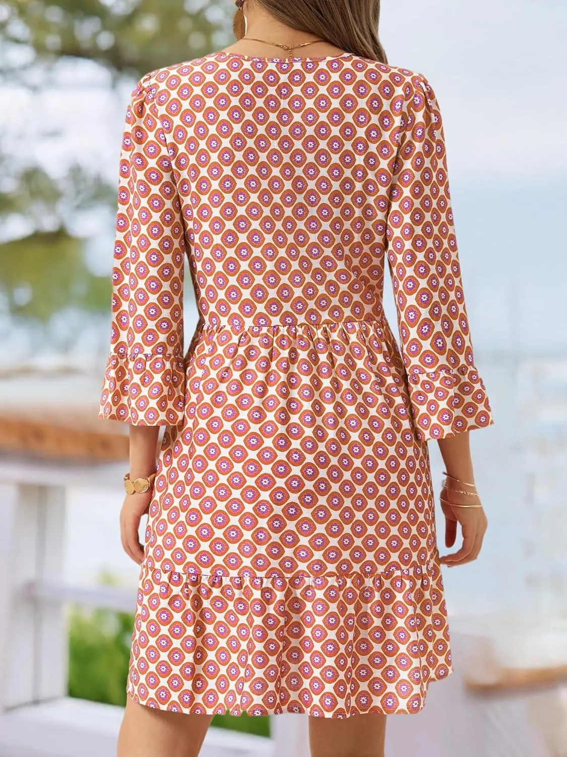 ZABERRY Womens Summer Dress 2025 Boho Drawstring 3/4 Sleeves V Neck Casual Floral Sundress Spring Mini Dress