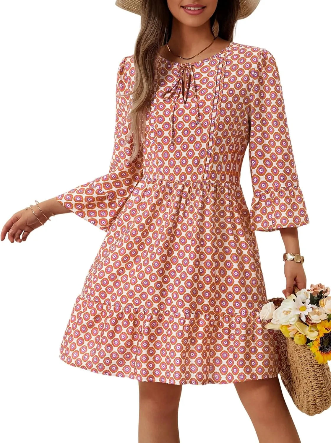 ZABERRY Womens Summer Dress 2025 Boho Drawstring 3/4 Sleeves V Neck Casual Floral Sundress Spring Mini Dress