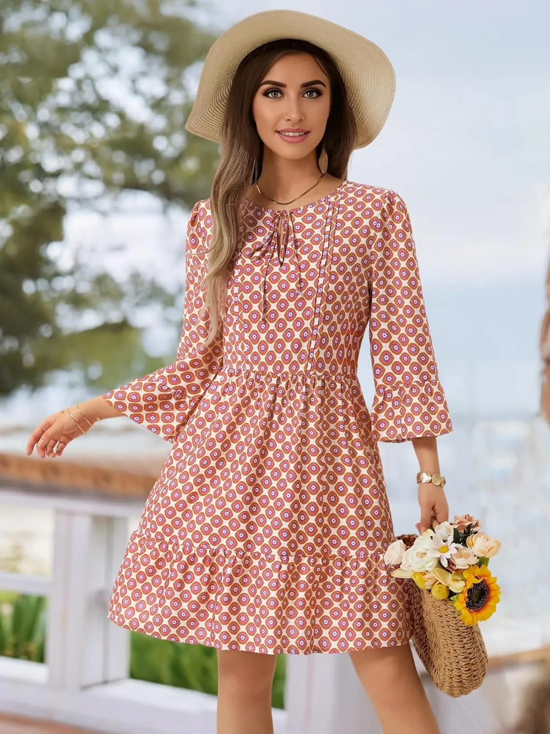 ZABERRY Womens Summer Dress 2025 Boho Drawstring 3/4 Sleeves V Neck Casual Floral Sundress Spring Mini Dress