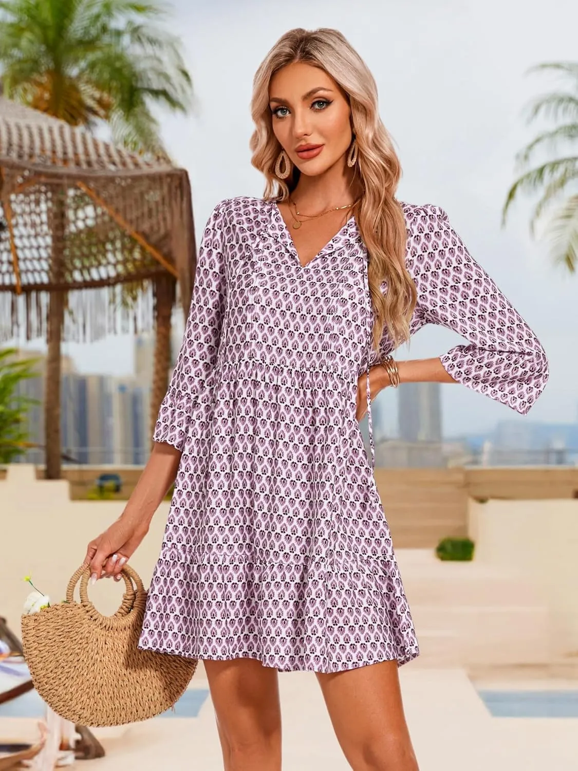 ZABERRY Womens Summer Dress 2025 Boho Drawstring 3/4 Sleeves V Neck Casual Floral Sundress Spring Mini Dress