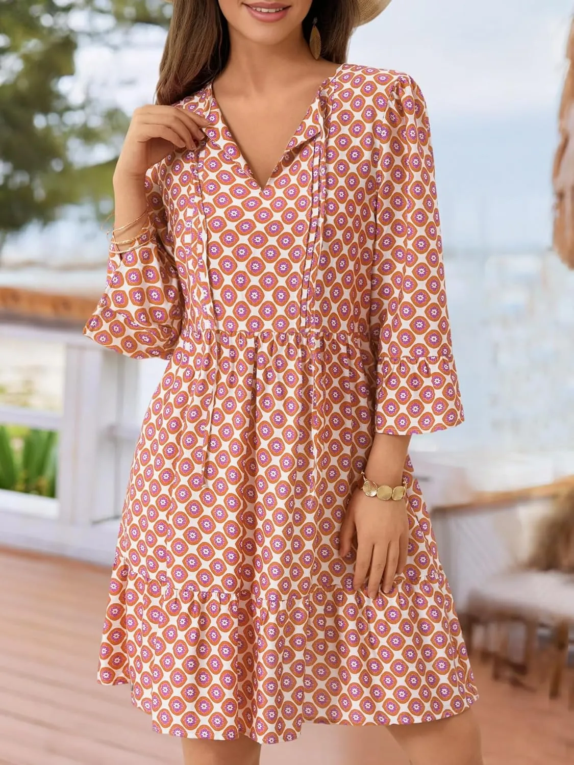 ZABERRY Womens Summer Dress 2025 Boho Drawstring 3/4 Sleeves V Neck Casual Floral Sundress Spring Mini Dress