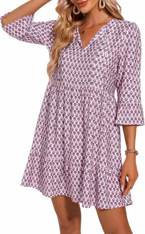 ZABERRY Womens Summer Dress 2025 Boho Drawstring 3/4 Sleeves V Neck Casual Floral Sundress Spring Mini Dress