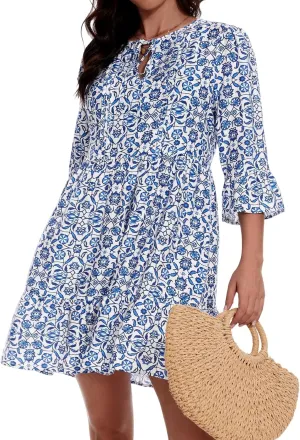 ZABERRY Womens Summer Dress 2025 Boho Drawstring 3/4 Sleeves V Neck Casual Floral Sundress Spring Mini Dress