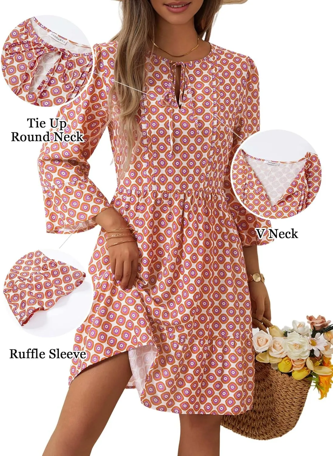 ZABERRY Womens Summer Dress 2025 Boho Drawstring 3/4 Sleeves V Neck Casual Floral Sundress Spring Mini Dress