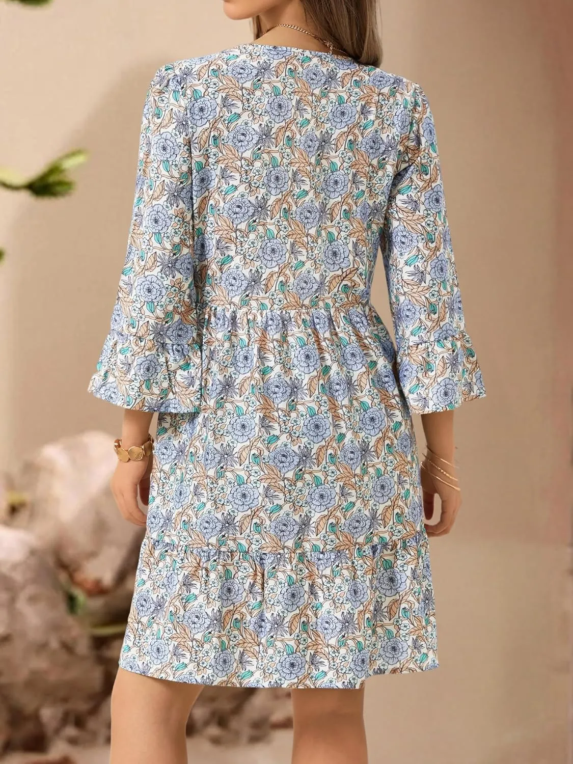 ZABERRY Womens Summer Dress 2025 Boho Drawstring 3/4 Sleeves V Neck Casual Floral Sundress Spring Mini Dress
