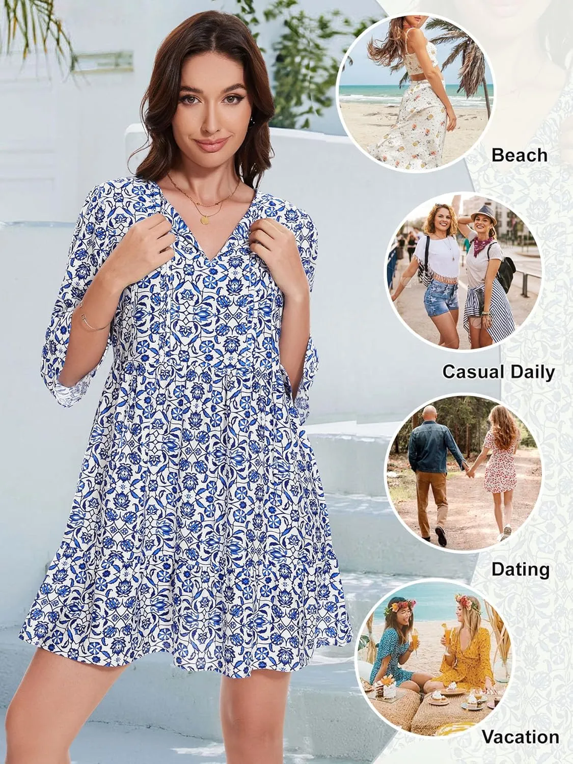ZABERRY Womens Summer Dress 2025 Boho Drawstring 3/4 Sleeves V Neck Casual Floral Sundress Spring Mini Dress