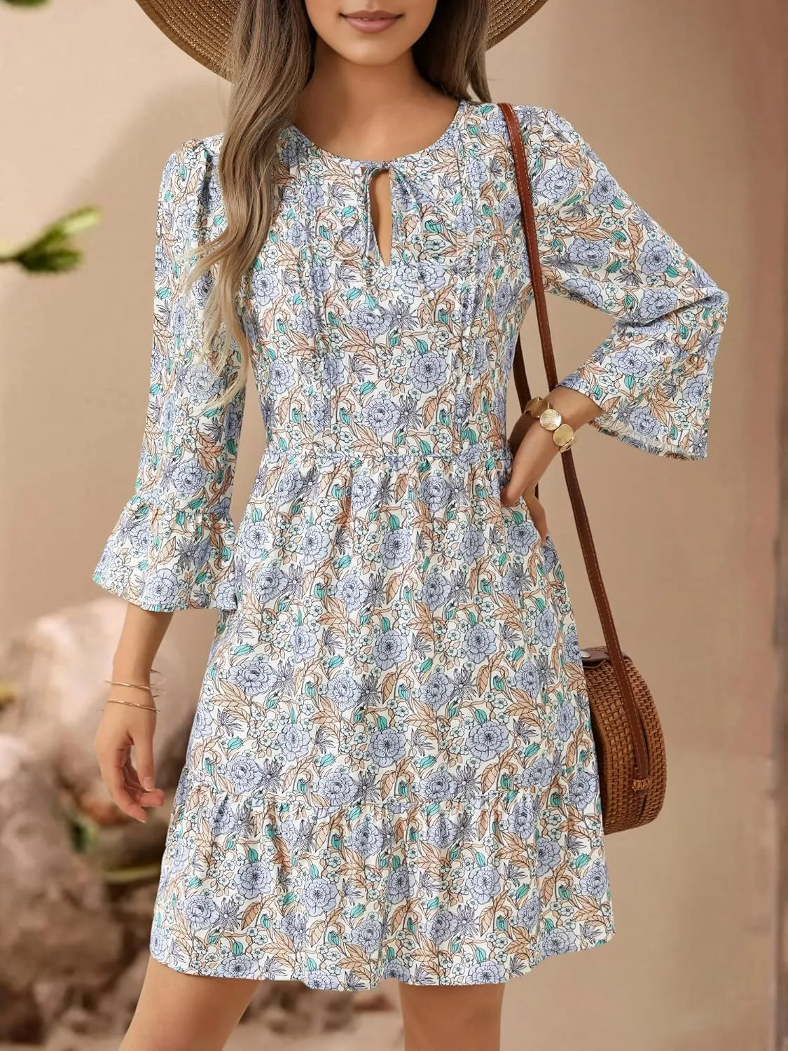 ZABERRY Womens Summer Dress 2025 Boho Drawstring 3/4 Sleeves V Neck Casual Floral Sundress Spring Mini Dress