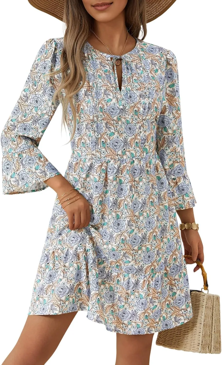 ZABERRY Womens Summer Dress 2025 Boho Drawstring 3/4 Sleeves V Neck Casual Floral Sundress Spring Mini Dress