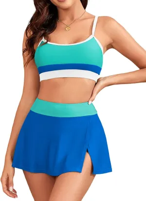 ZAFUL Women High Waisted Bikini Sets Color Block Two Piece Swimsuit Sporty Push Up Bathing Suit with Swim Skirts Swimwear