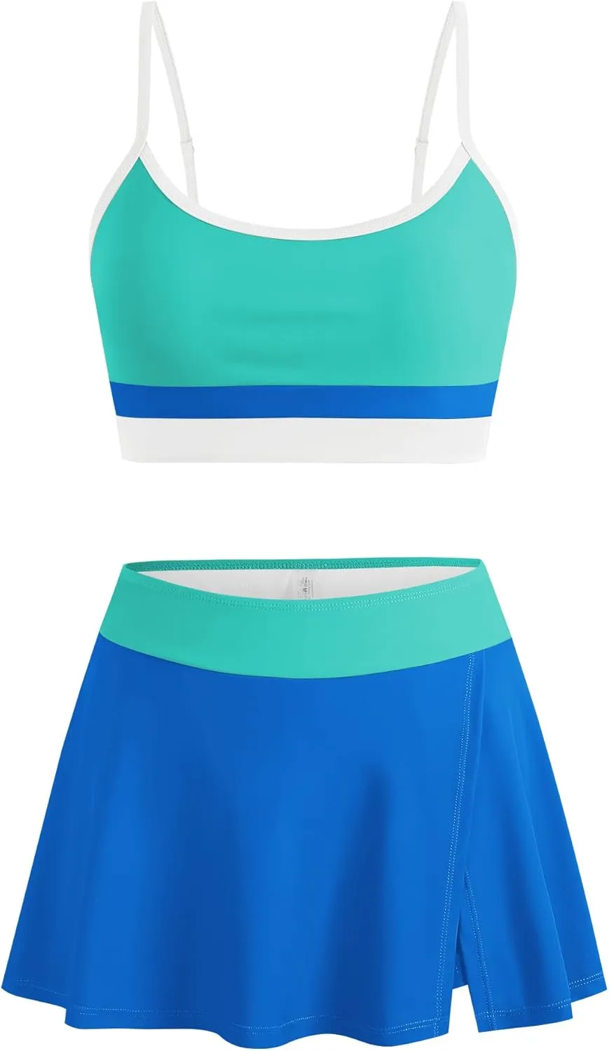 ZAFUL Women High Waisted Bikini Sets Color Block Two Piece Swimsuit Sporty Push Up Bathing Suit with Swim Skirts Swimwear